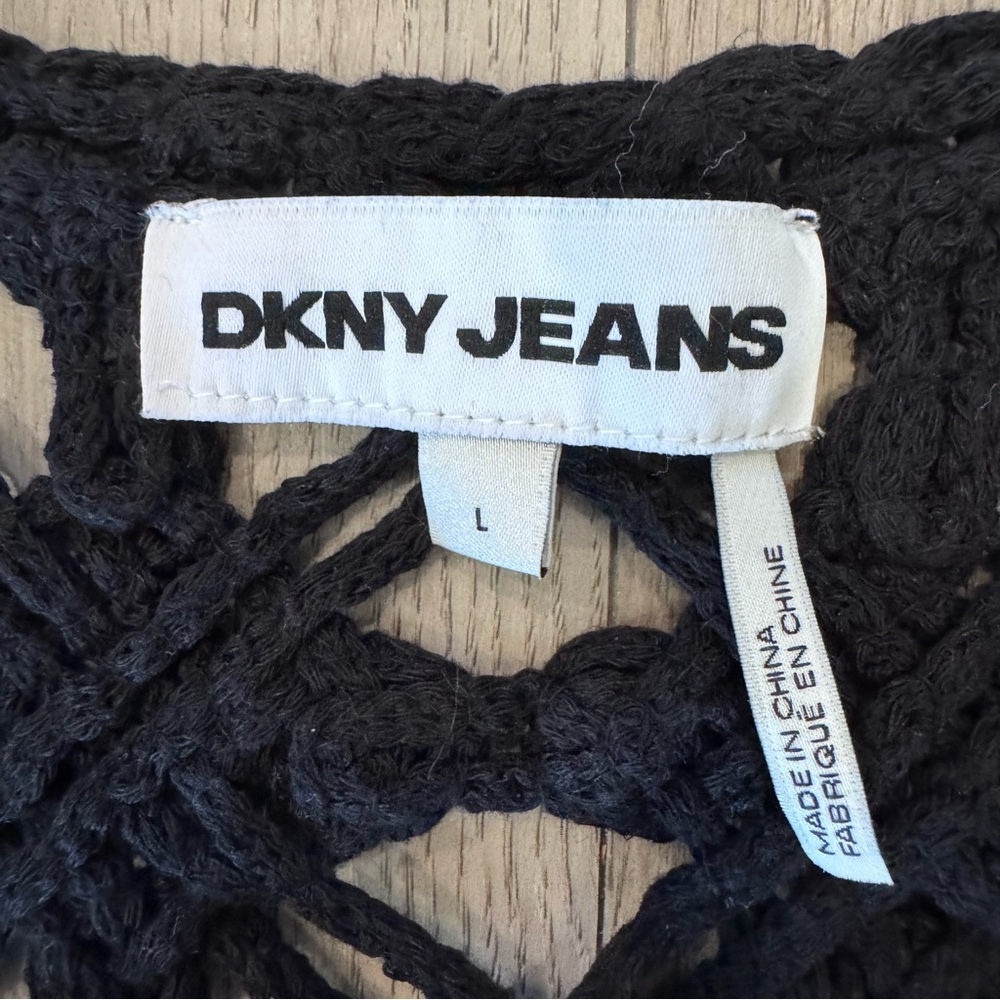 DKNY Jeans Cropped Knit Crochet Tank Top Black Size Large Summer Casual Beach - Picture 3 of 5
